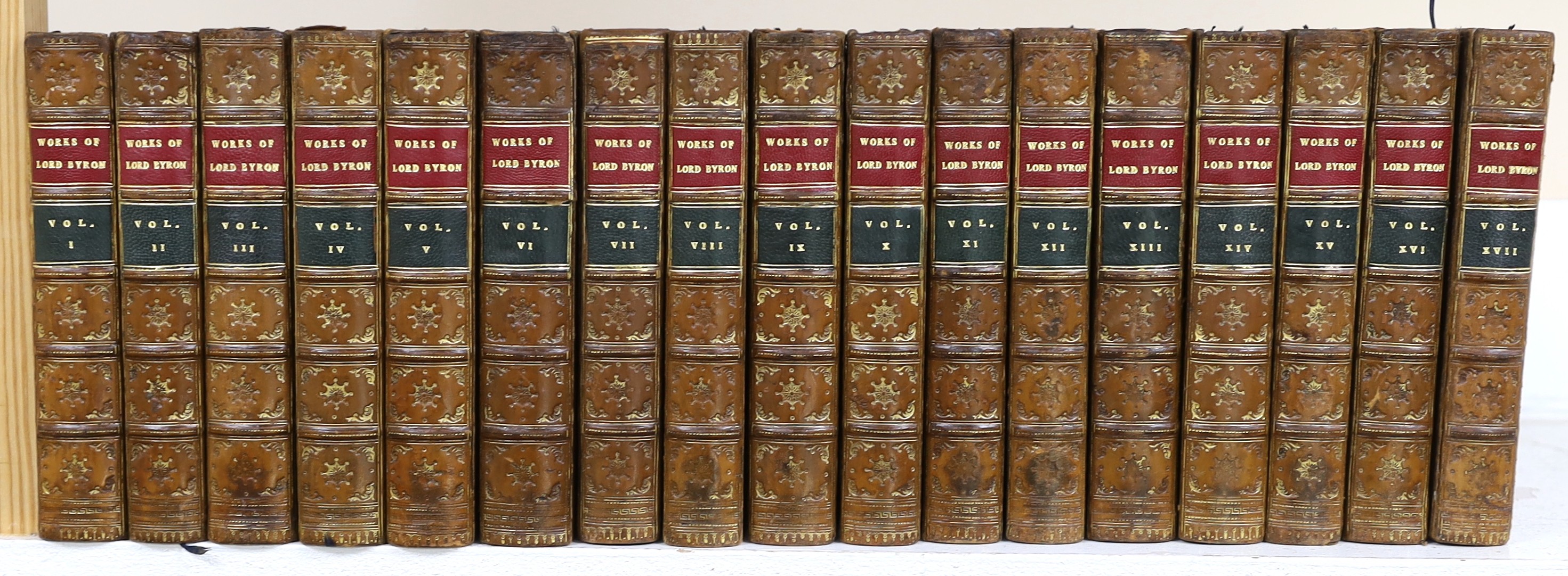 Byron, Lord George Gordon - The Works of.... with his Letters and Journals, and his Life, by Thomas Moore, Esq. 17 vols. pictorial engraved and printed titles, engraved frontispieces and 2 folded facsimiles; contemp. gil